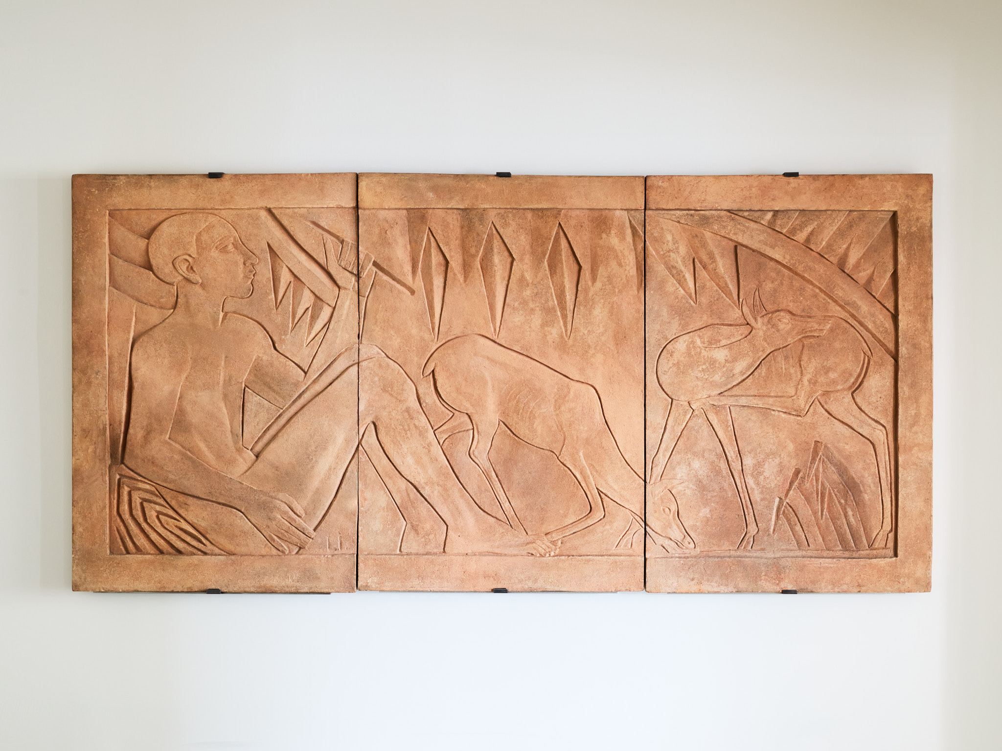 Shepherd and Antelopes, bas-relief by Leon Indenbaum, 1913, chamotte clay panels.​