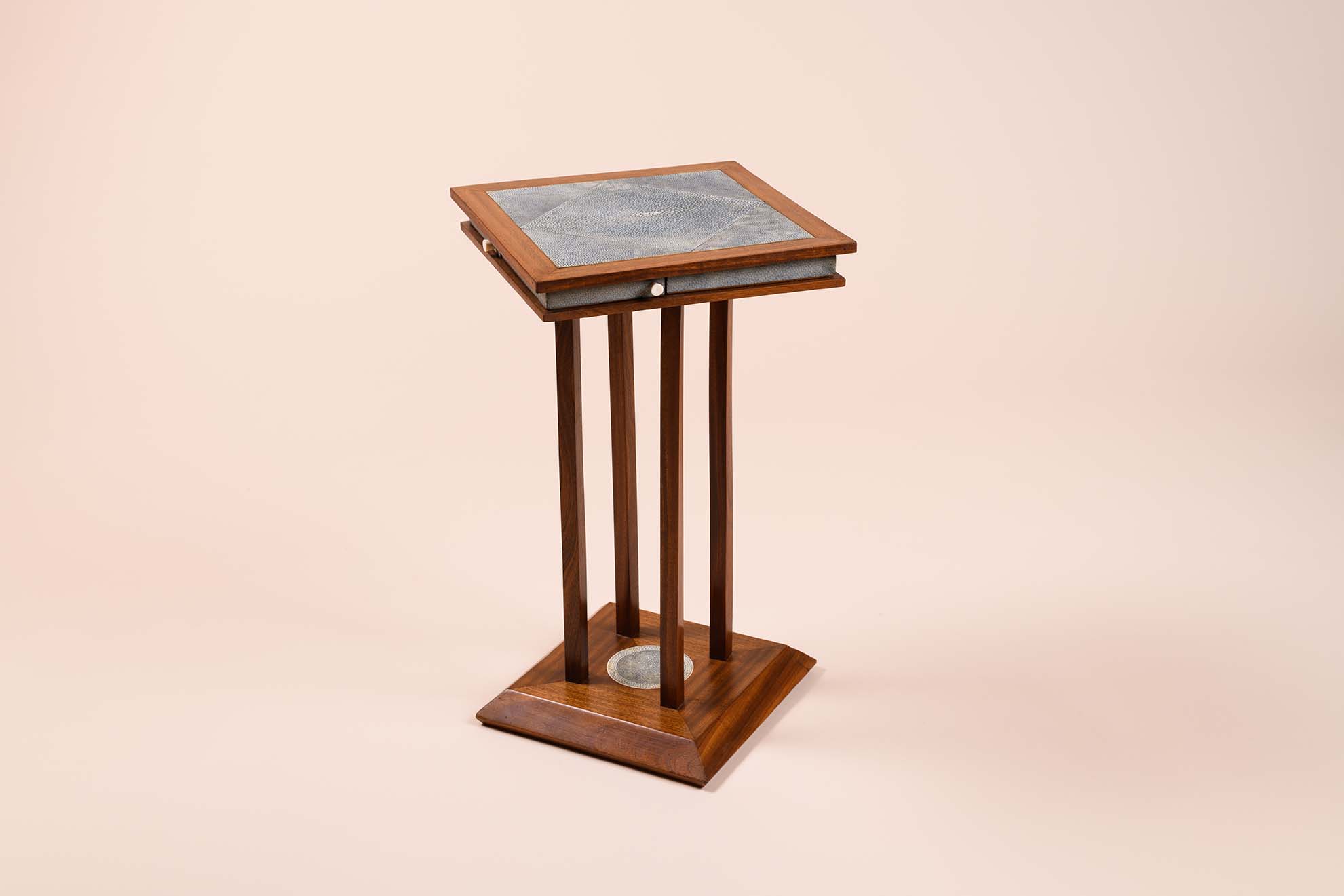 Side Table​ by Clément Rousseau, ​1933​. Shagreen, ivory and mahogany, with two opalescent glass ashtrays.