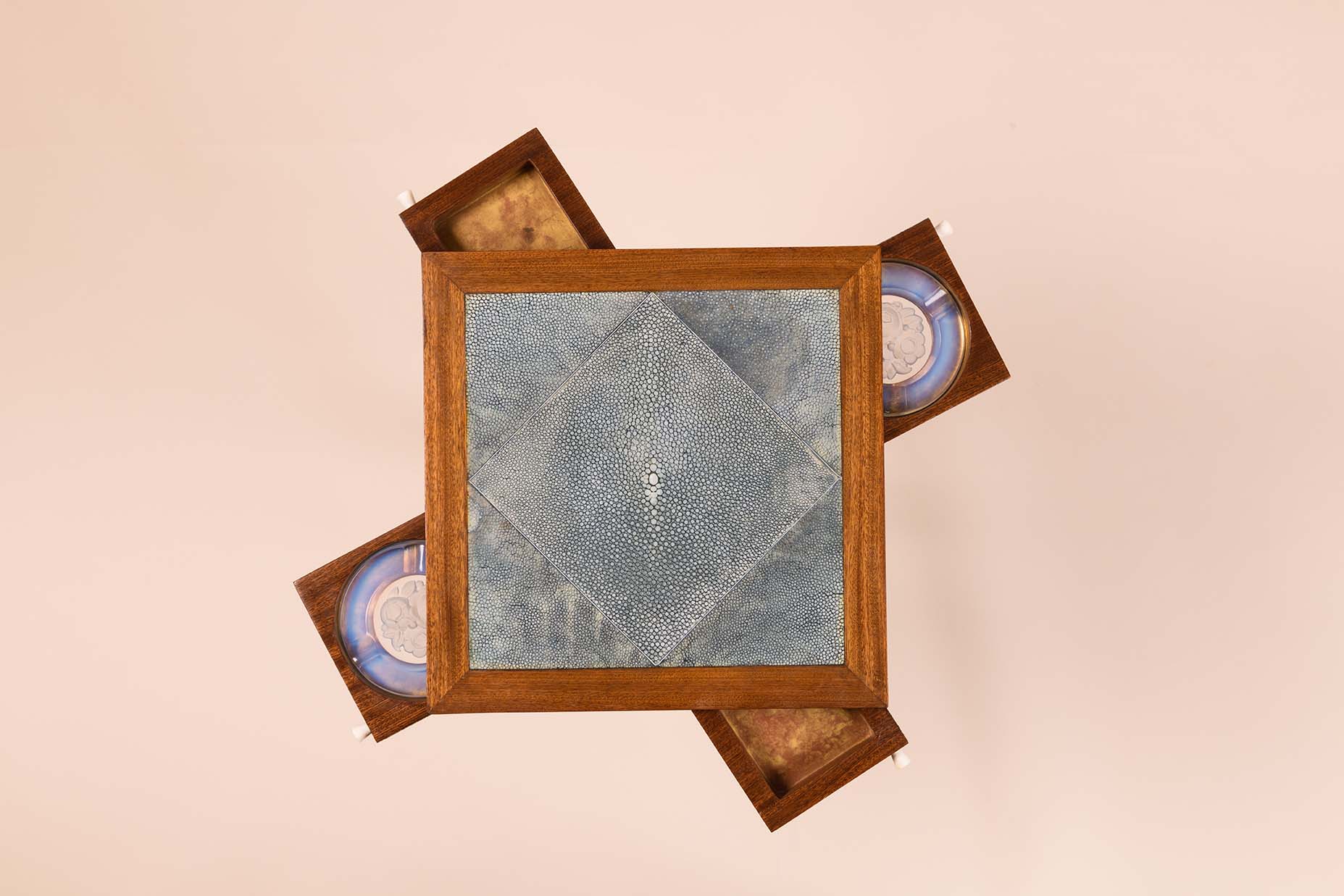 Side Table​ by Clément Rousseau, ​1933​. Shagreen, ivory and mahogany, with two opalescent glass ashtrays.