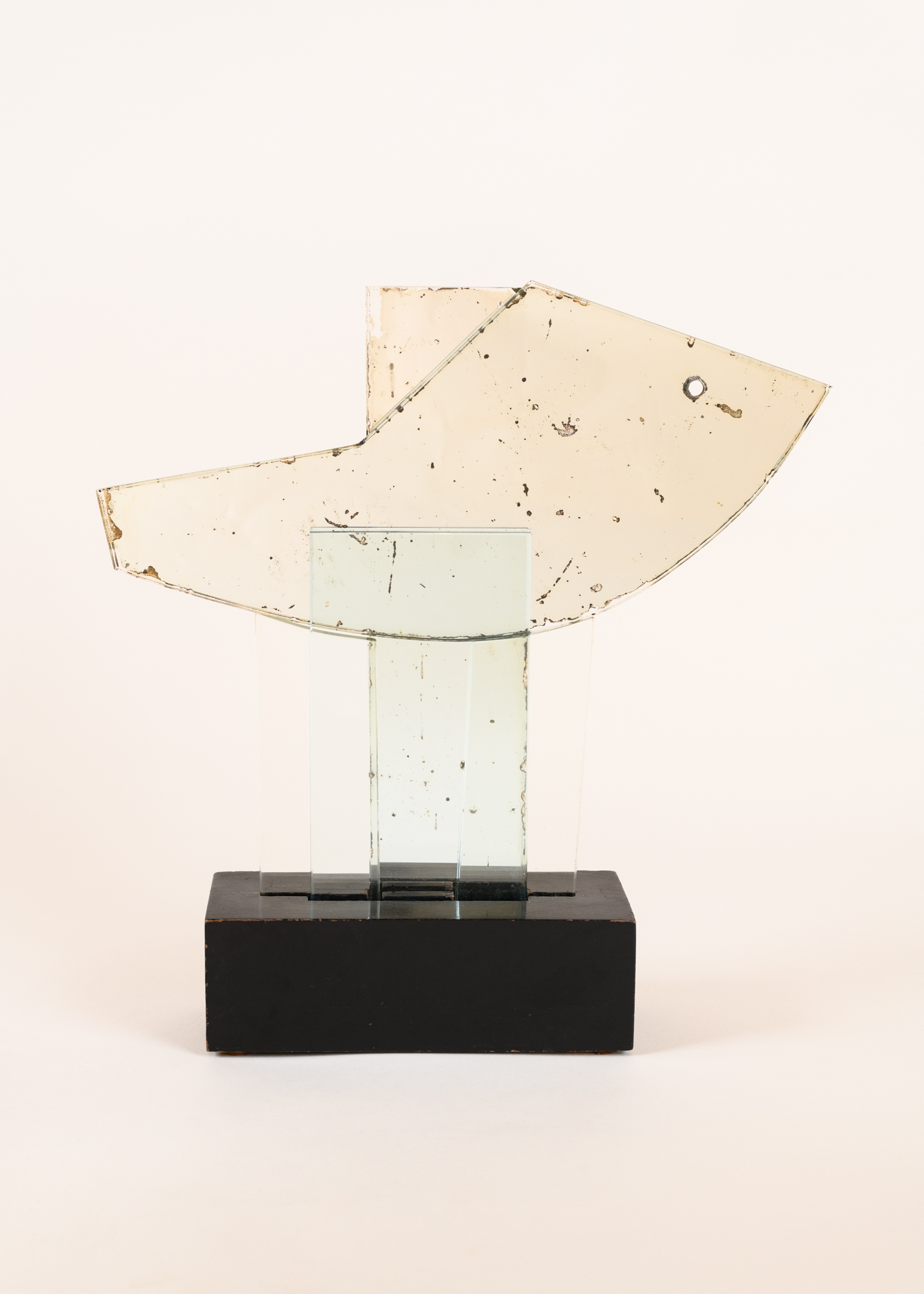 Fish sculpture​, by Etienne Cournault, c. 1930, glass and mirror sculpture, on a black wooden base.