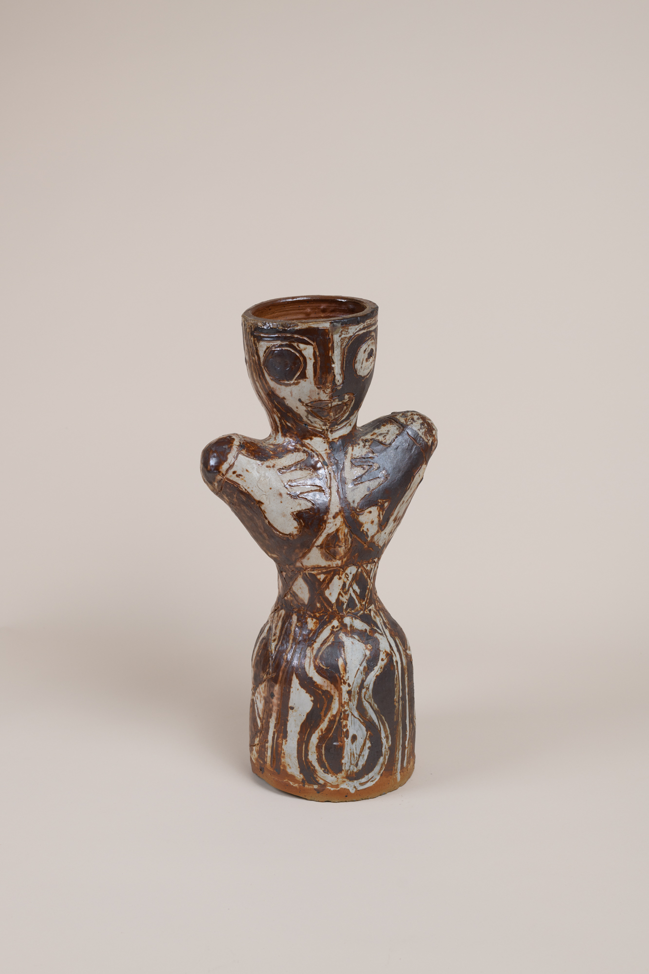 Anthropomorphic vase, stoneware with incised decoration covered with brown and white engobe by Vassil Ivanoff c.1965.
