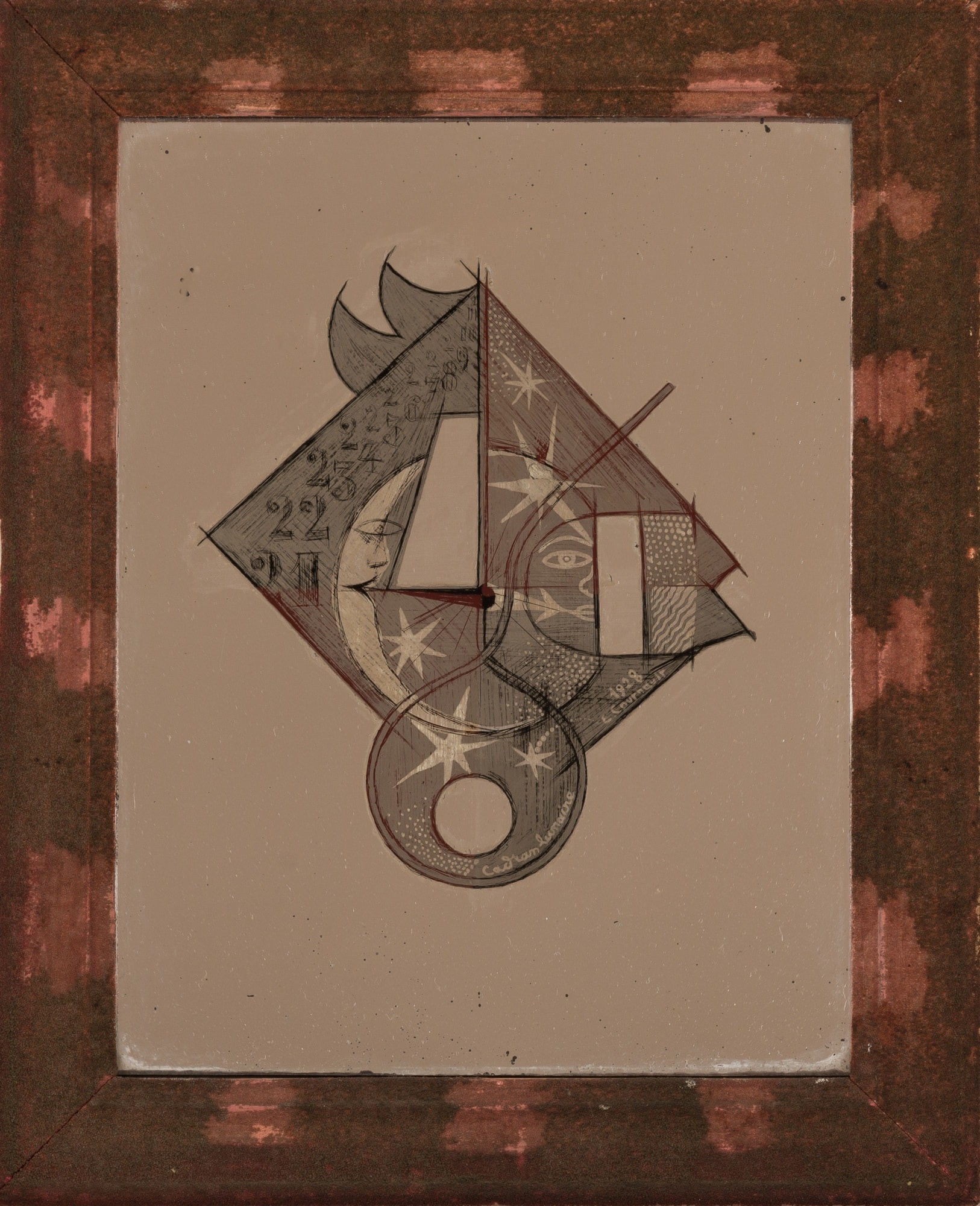 « Lunar Dial »​ Painted and framed glass​ by Etienne Cournault, c. 1928.