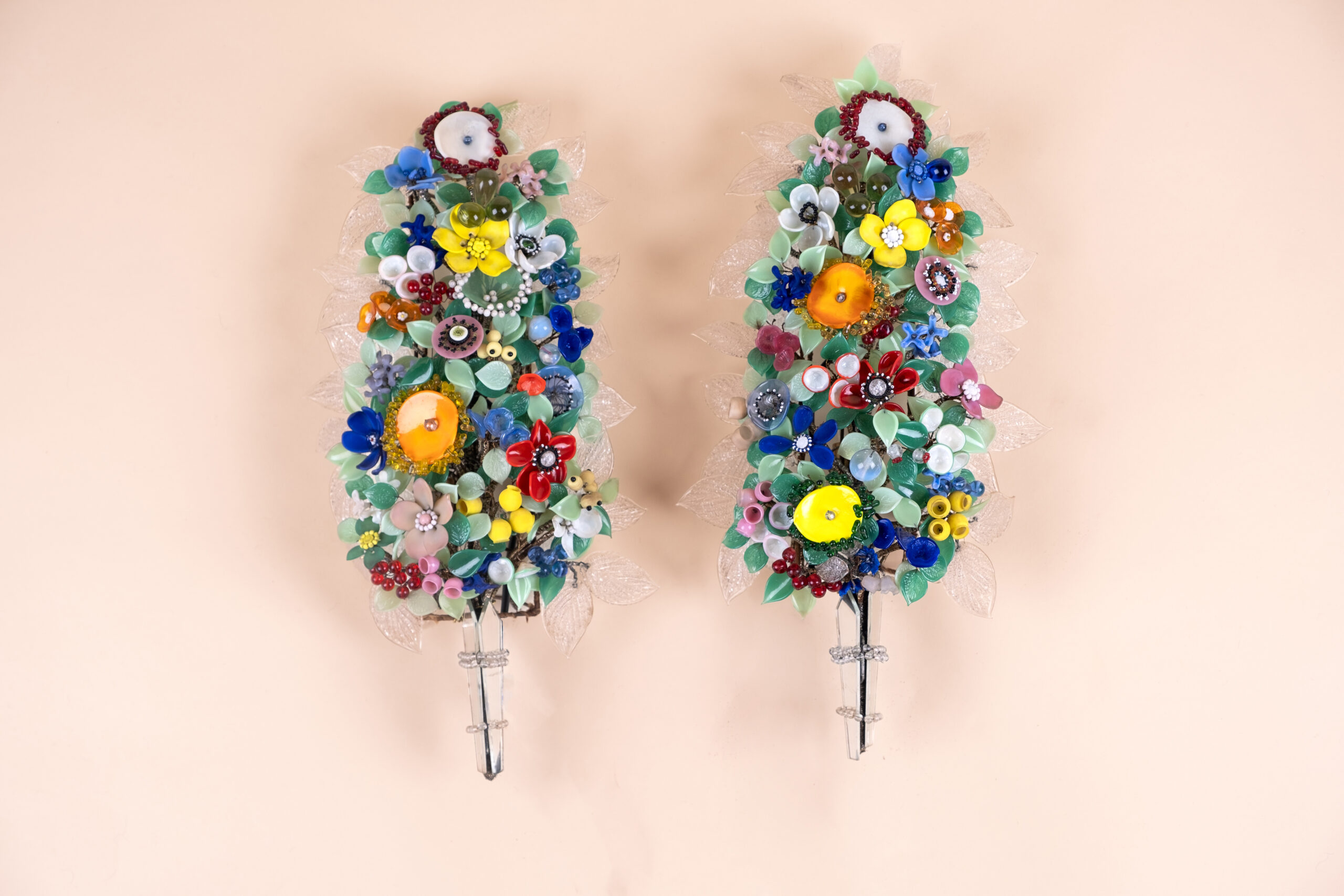 Coloured glass flowers bunch sconces by Marie Chauvel, c.1940, spun glass polychrome leaves and petals.