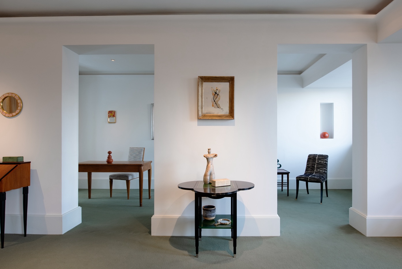 Drop-leaf table by Marcel Coard, c. 1930, sculpture​ by Vassil Ivanoff ​ c. 1960​, reverse painting mirror ​by Etienne Cournault, c. 1925.